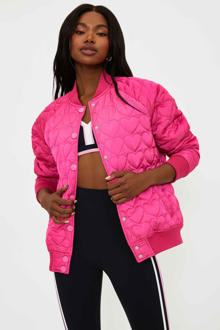 pink bomber jacket with quilted hearts