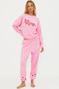 Pink sweat set with "be mine" in red sequins and red hearts around the ankles