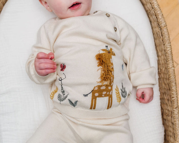 Giraffe Garden Embroidered Knit Baby Pullover Sweater (Organic Cotton)