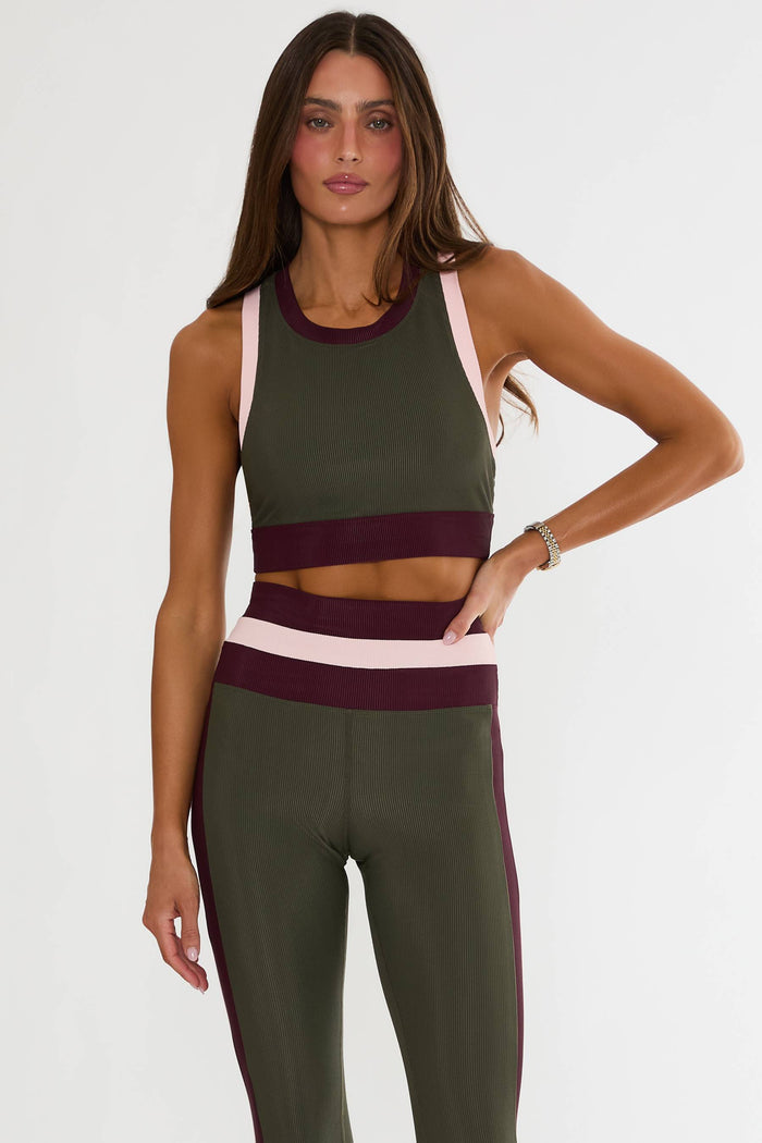 Green maroon and pink ribbed sport bra tank.