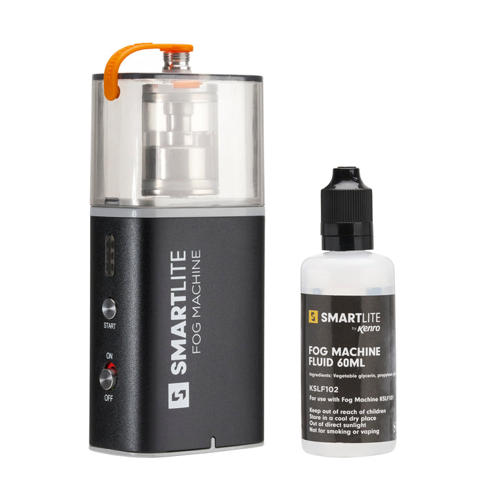 Smartlite fog machine and fluid bottle on a white background