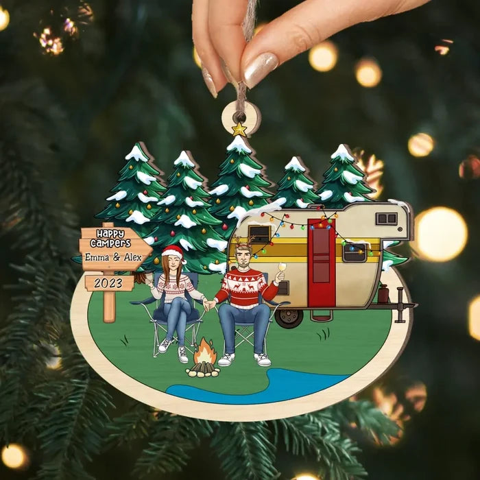 Happy Campers - Personalized Wooden Ornament, Christmas Gift For Couple/ Friends/ Family, Gift For Camping Lovers - ORN244