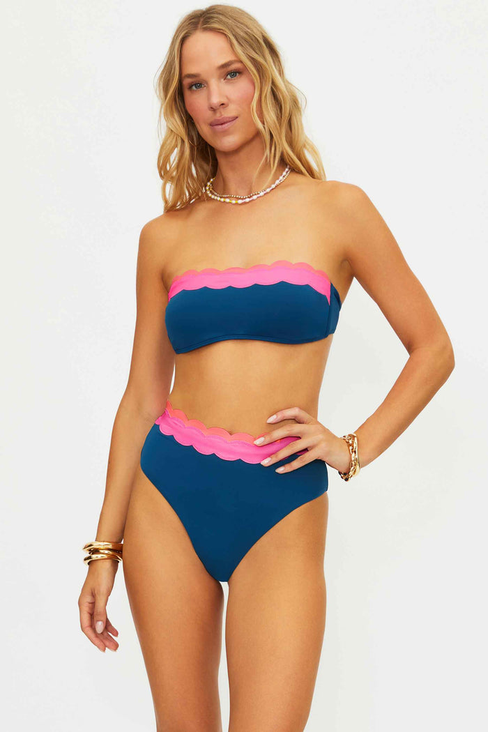 Navy high waisted bikini bottom with pink scalloping around the waist
