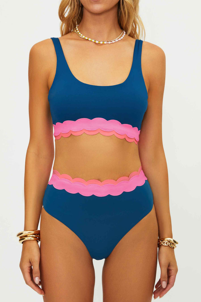 Navy high waisted bikini bottom with pink scalloping around the waist