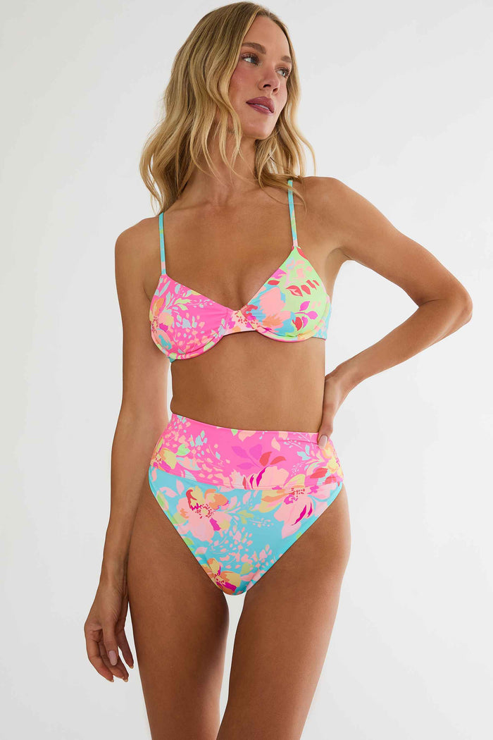 Colorful floral under wire swim top and highwaisted bottom