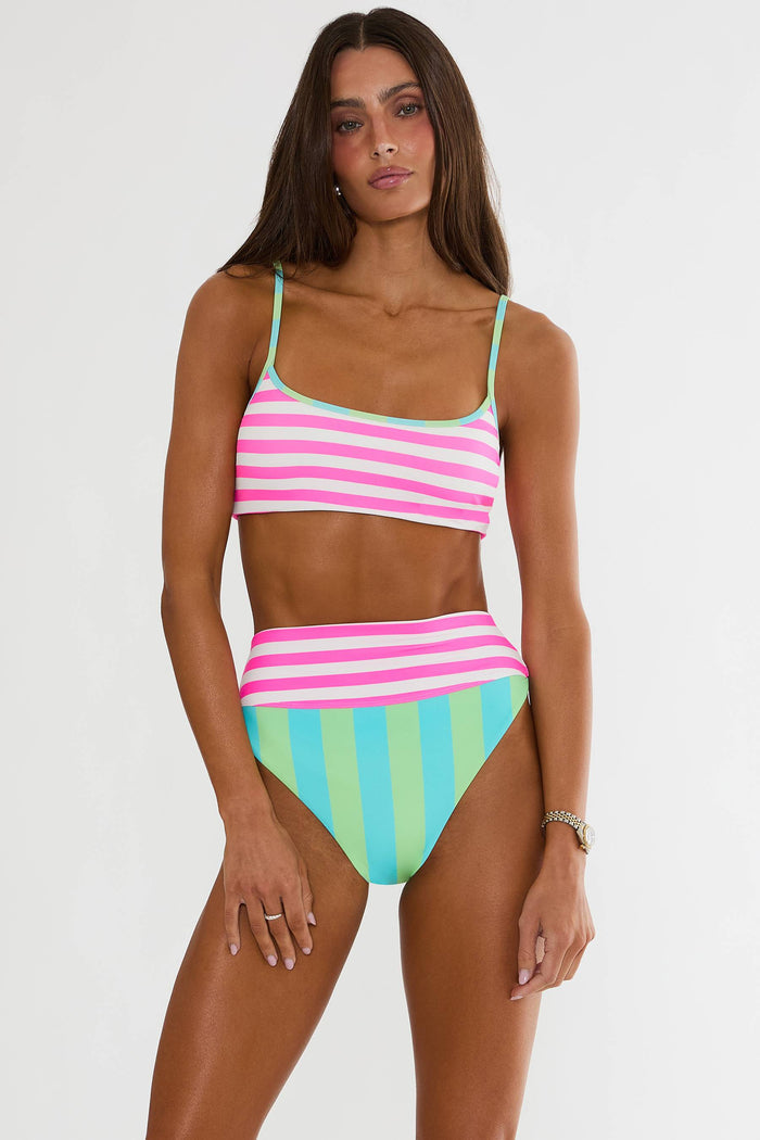 Green and pink striped colorblock bralette swim top and highwaisted bottom.