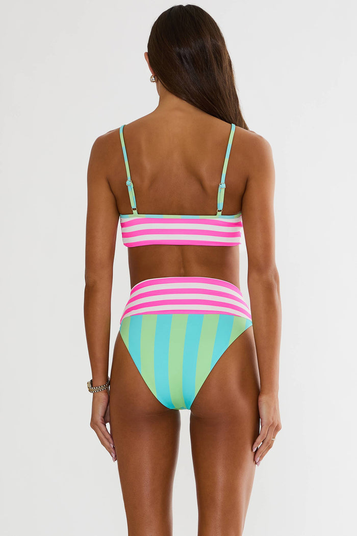 Green and pink striped colorblock bralette swim top and highwaisted bottom.