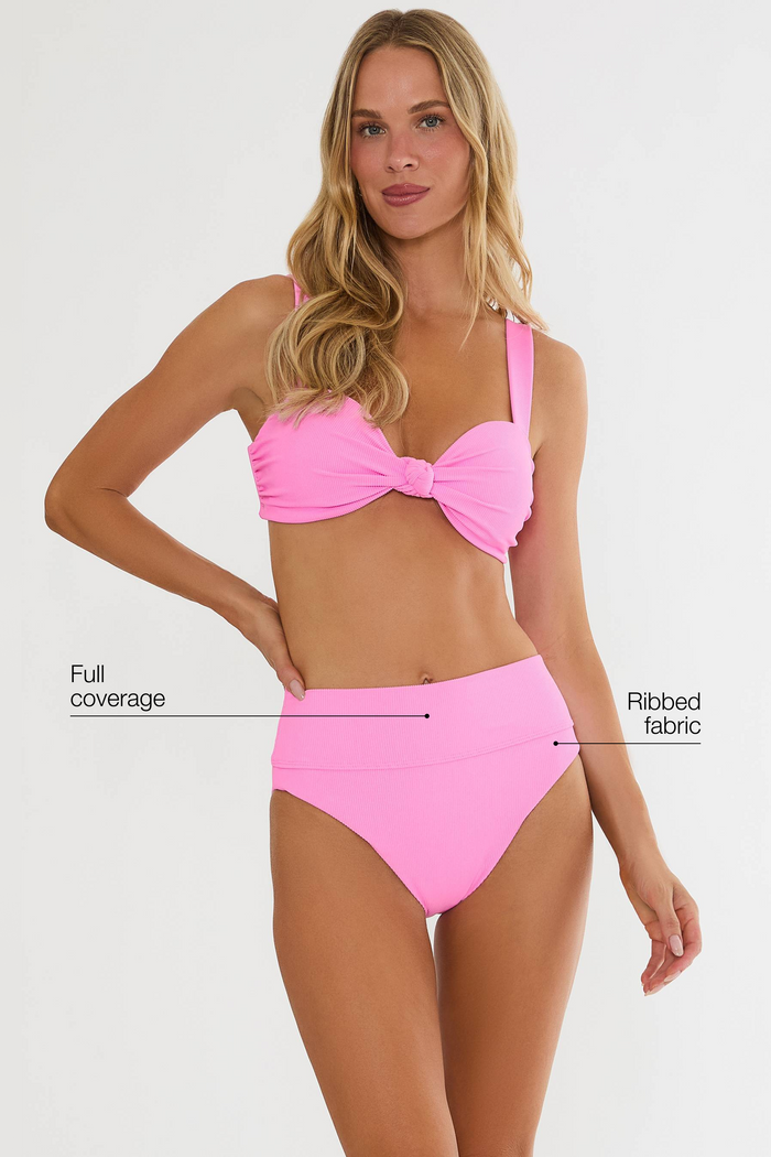 Woman wearing a pink bikini with text labels on a white background