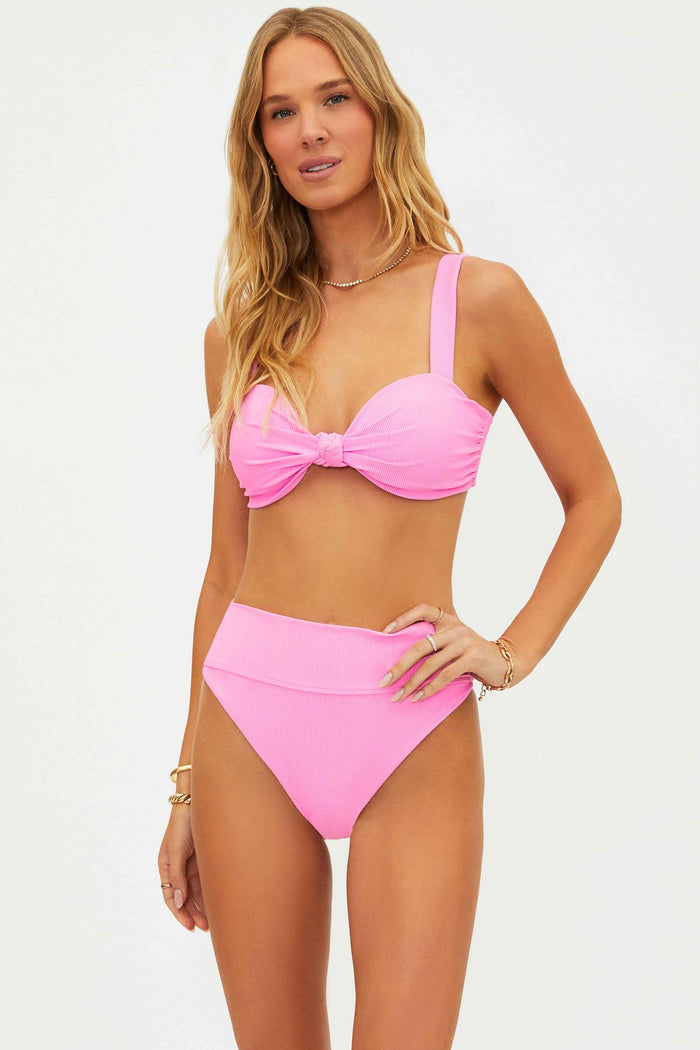 vibrant pink high waisted swim bottom with ribbed fabric