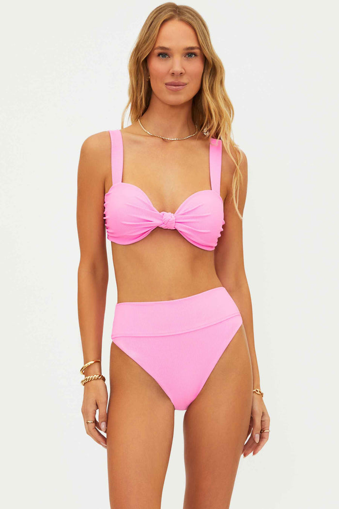 vibrant pink high waisted swim bottom with ribbed fabric