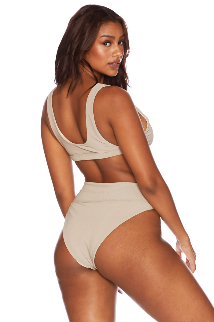 high waisted tan ribbed swim bottom