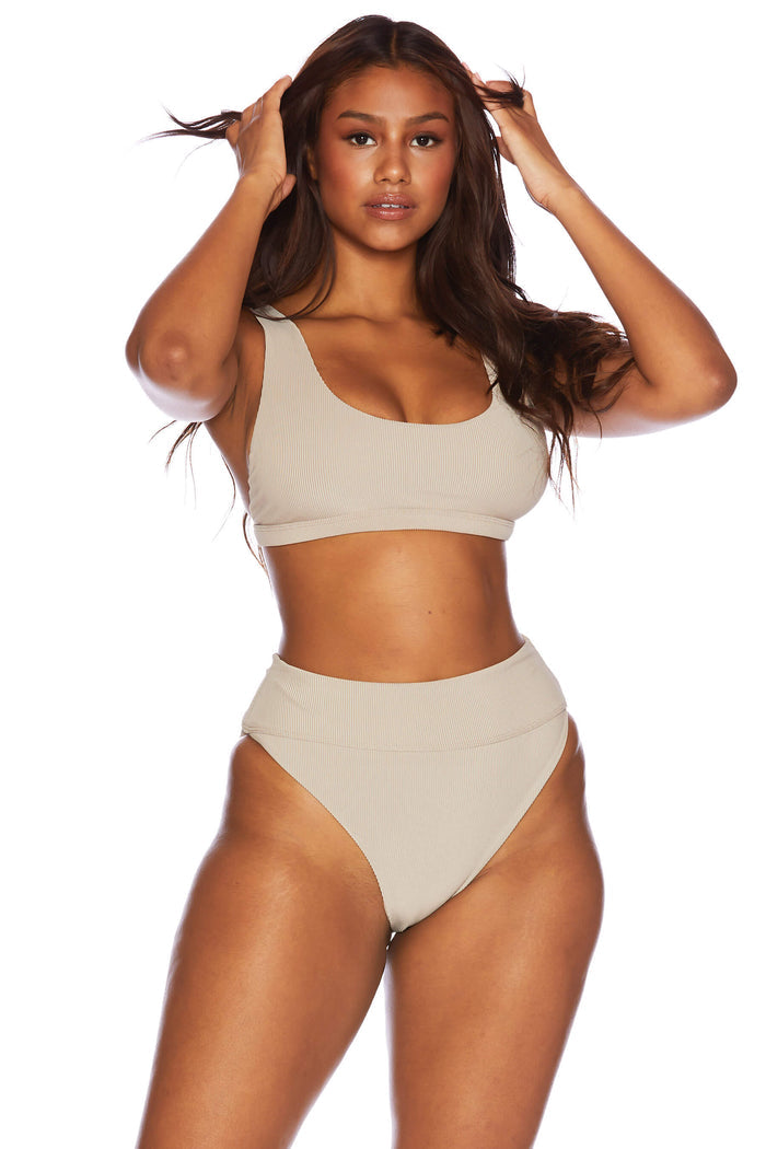 high waisted tan ribbed swim bottom