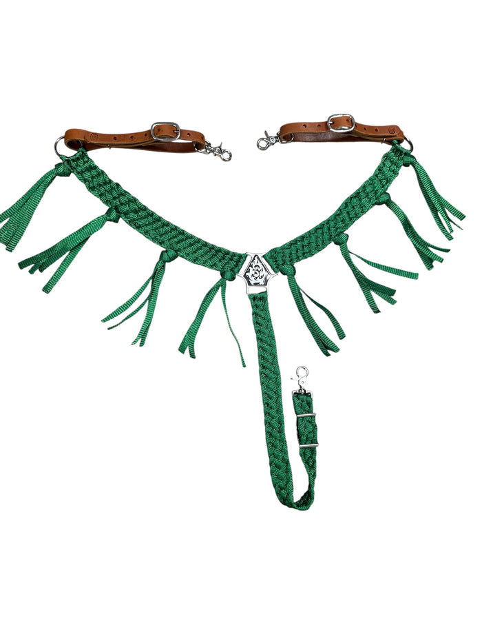 horse breast collar  and one ear headstall in leather and mule tape green