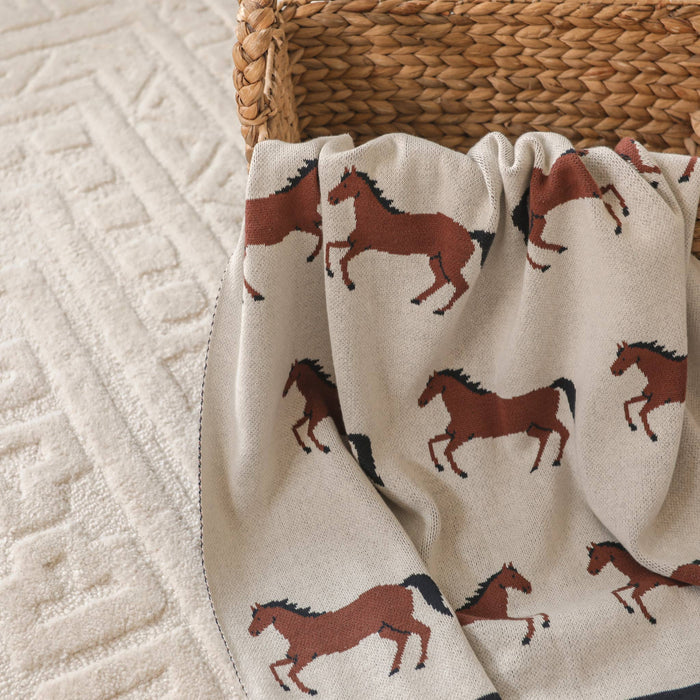 Viverano Organics Baby Blanket Horse - Organic Cotton Jacquard Sweater Knit Baby Blanket