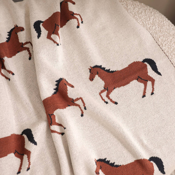 Viverano Organics Baby Blanket Horse - Organic Cotton Jacquard Sweater Knit Baby Blanket