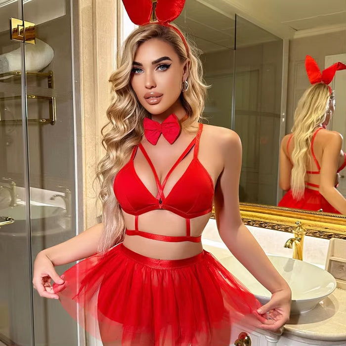 Hot Sexy Mesh Pure Color Short Skirt Role Play Bunny Girl Sexy Lingerie Female Uniform