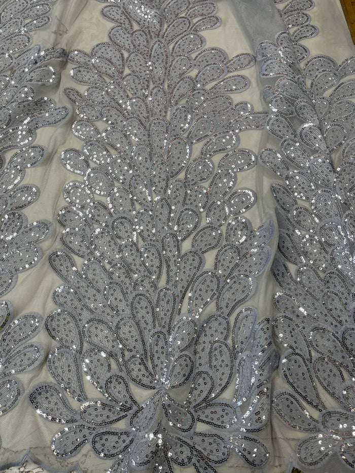 Silver Vegas Design Sequins Fabric - 4 Way Stretch Sequins Damask Fabric By Yard