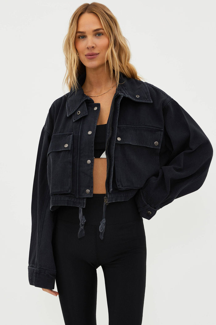 charcoal vintage washed cropped jacket with large front pockets