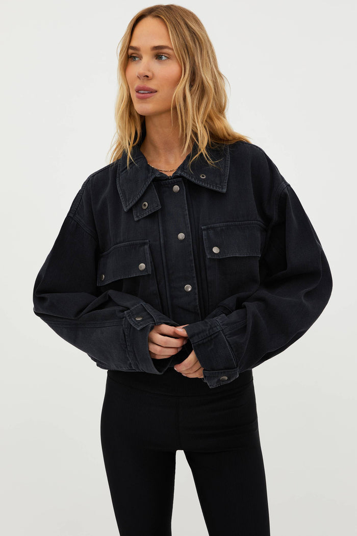 charcoal vintage washed cropped jacket with large front pockets