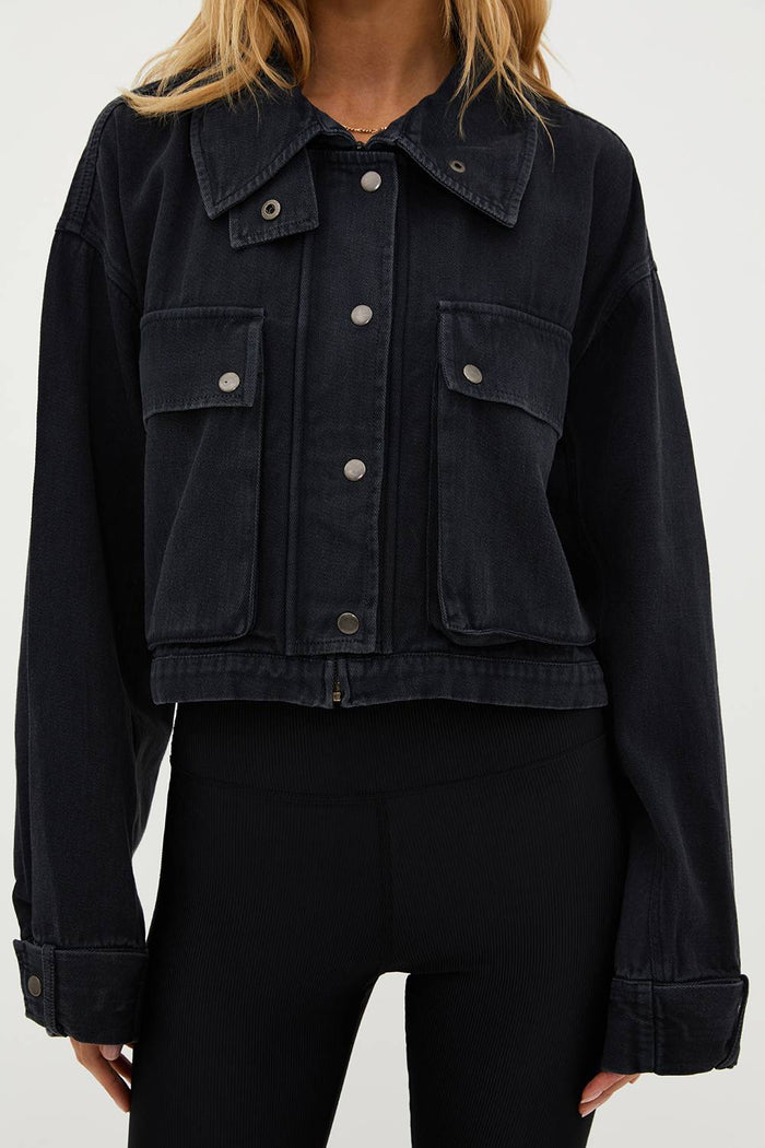 charcoal vintage washed cropped jacket with large front pockets