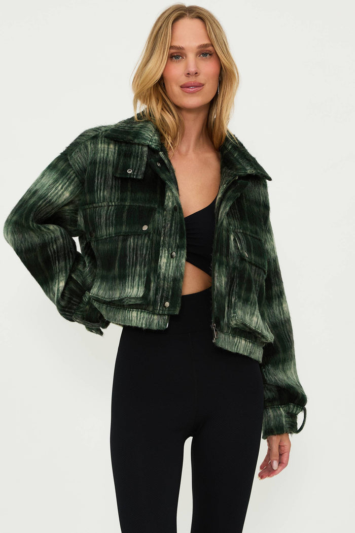 Green plaid cropped denim jacket.