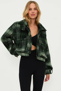 Green plaid cropped denim jacket.