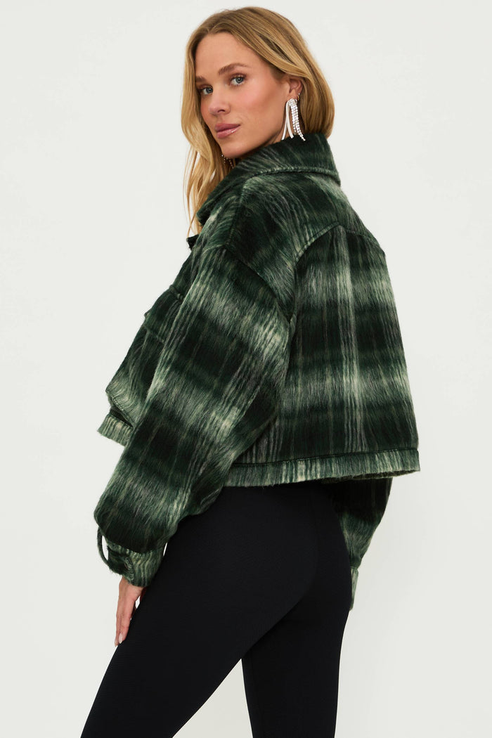 Green plaid cropped denim jacket.