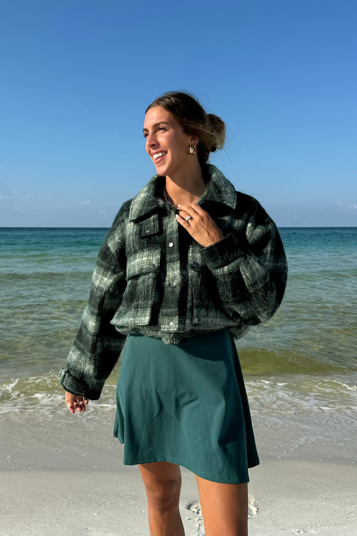 Green plaid cropped denim jacket.