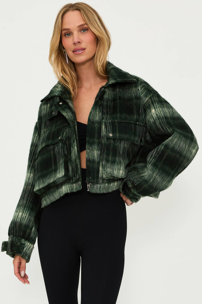Green plaid cropped denim jacket.