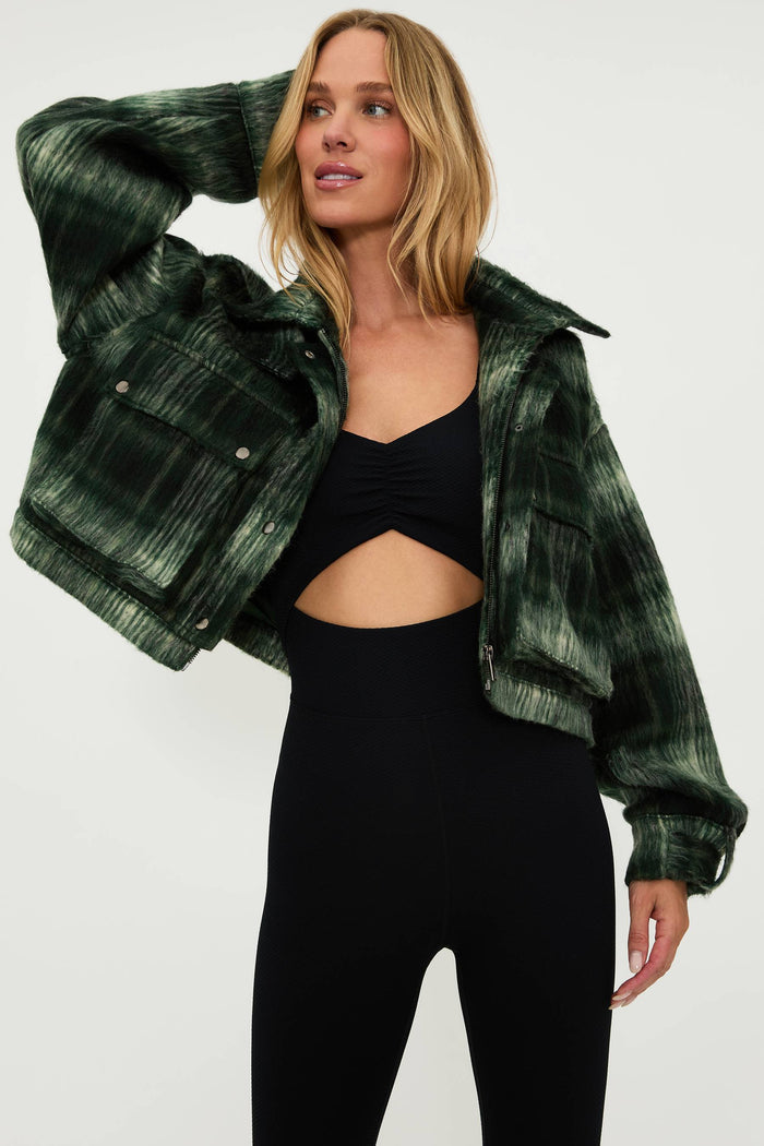 Green plaid cropped denim jacket.