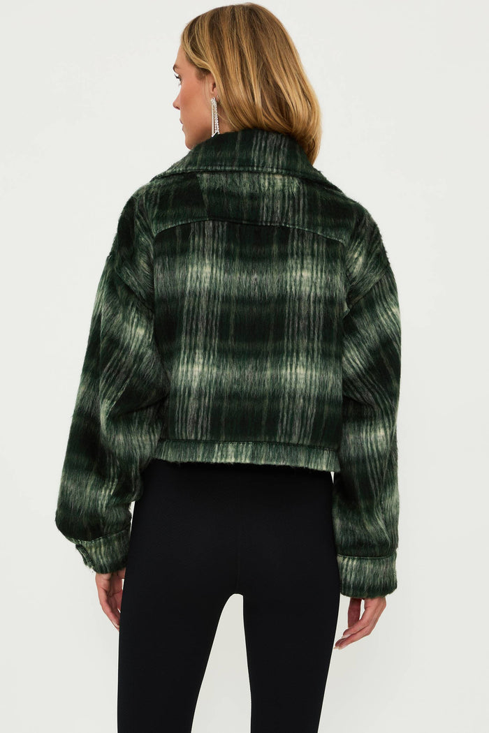 Green plaid cropped denim jacket.