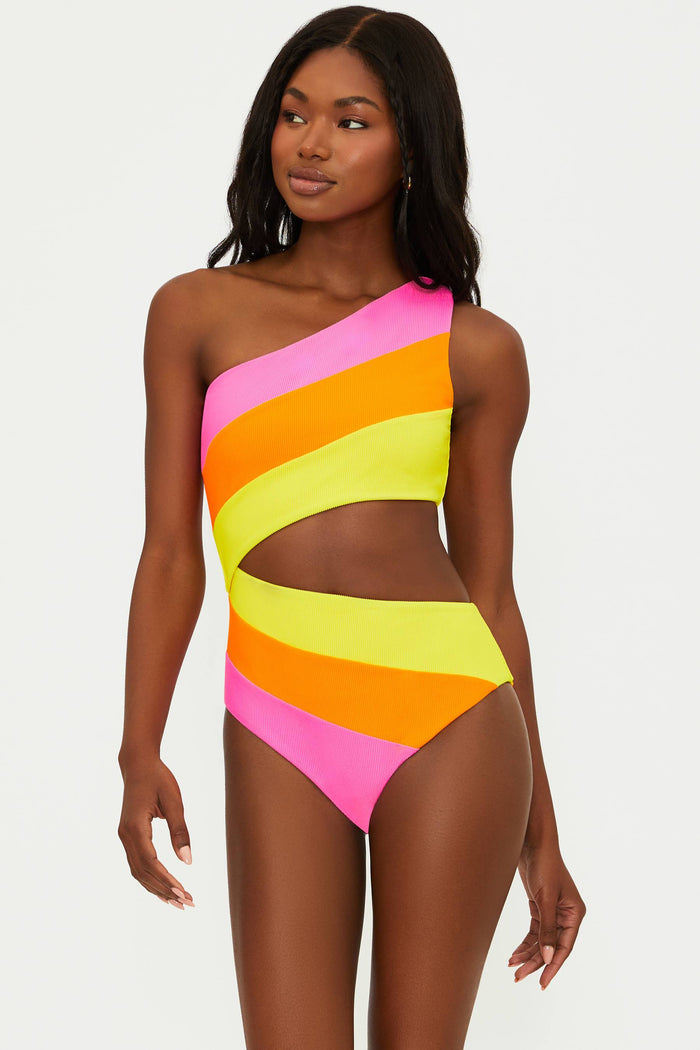 pink yellow and orange ribbed swimsuit