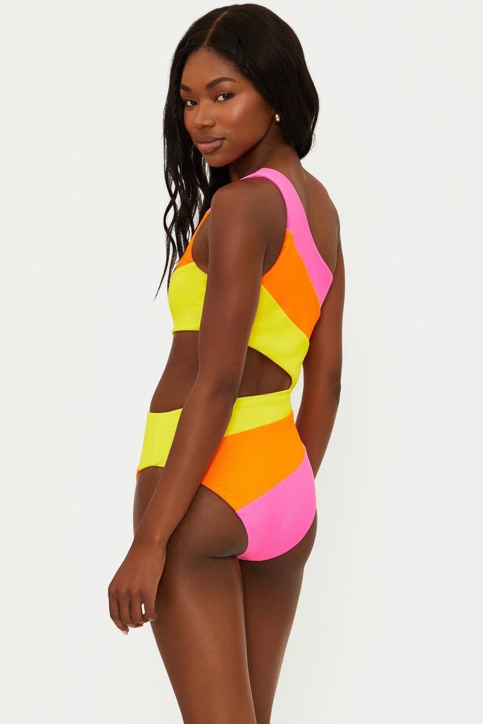 pink yellow and orange ribbed swimsuit