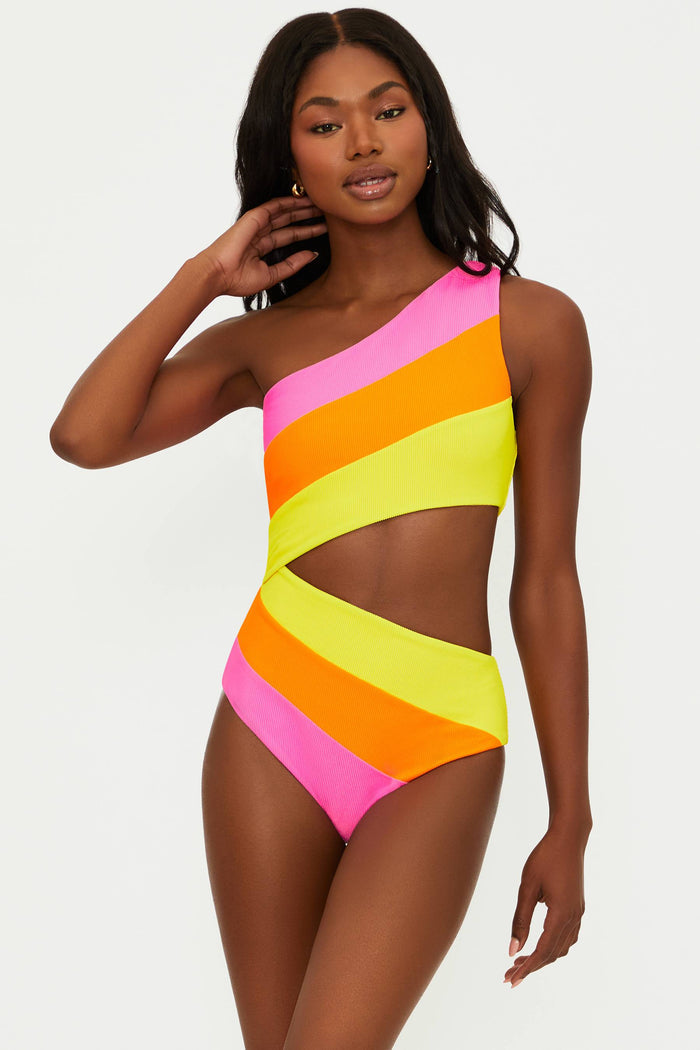 pink yellow and orange ribbed swimsuit