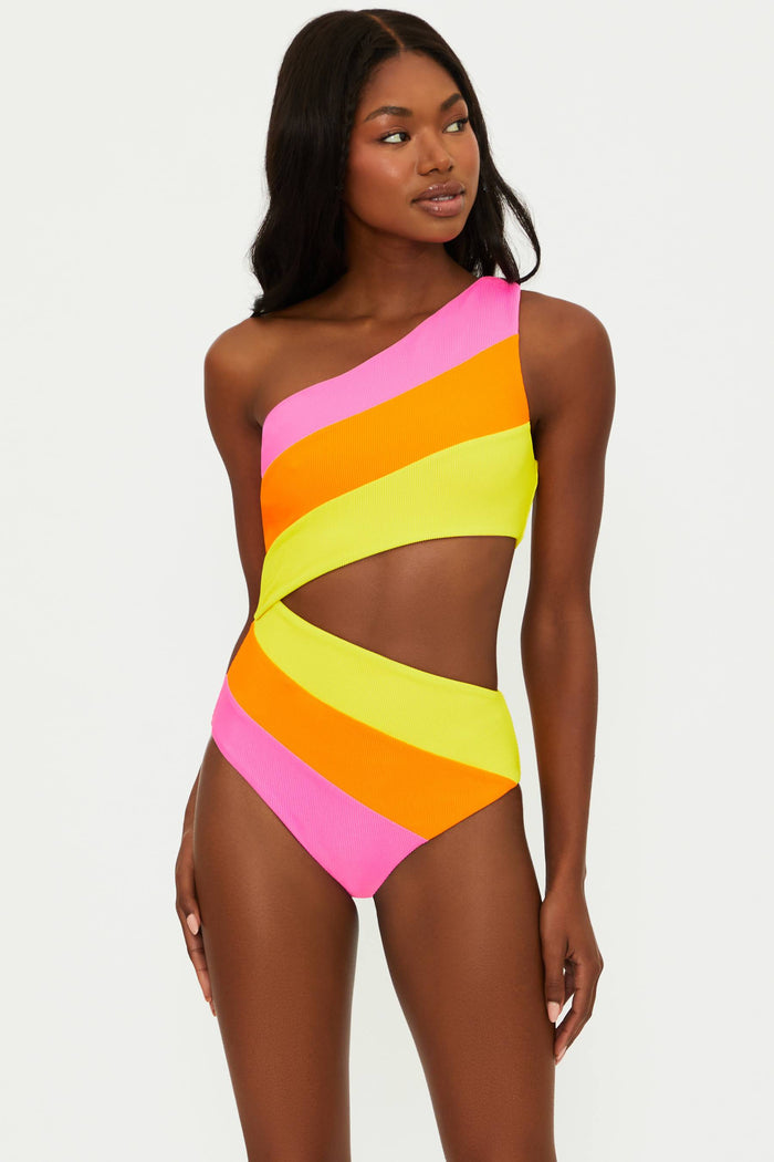 pink yellow and orange ribbed swimsuit