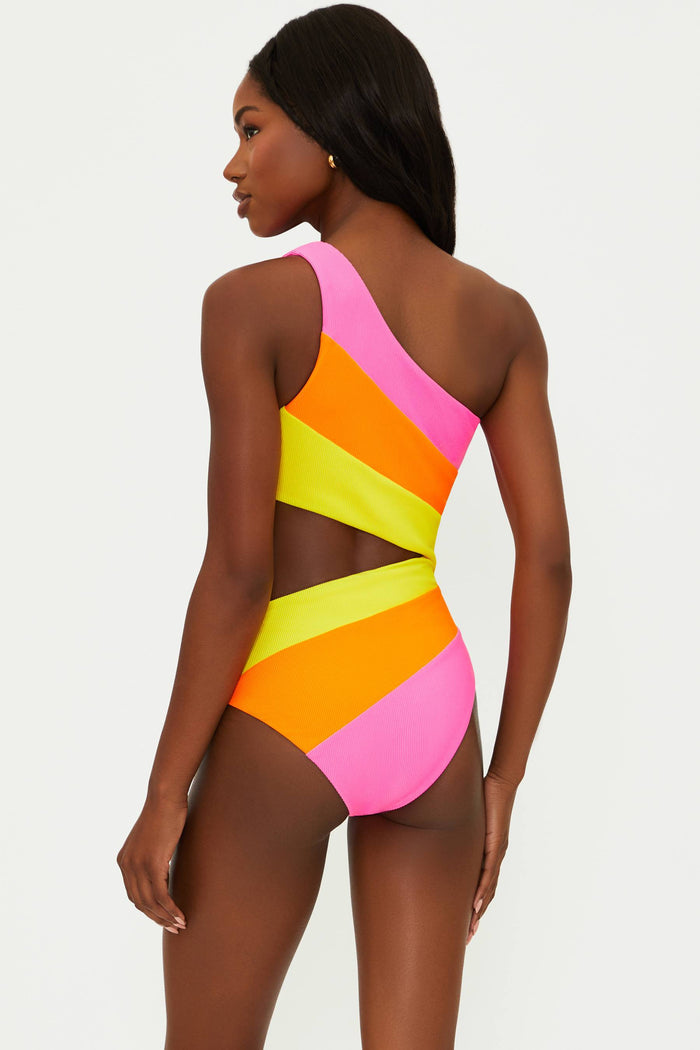 pink yellow and orange ribbed swimsuit