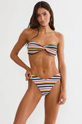 woman wearing colorful striped bikini set