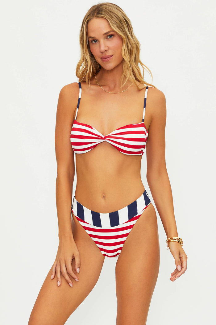 High cut swim bottoms with a red white and blue American flag colorblock.