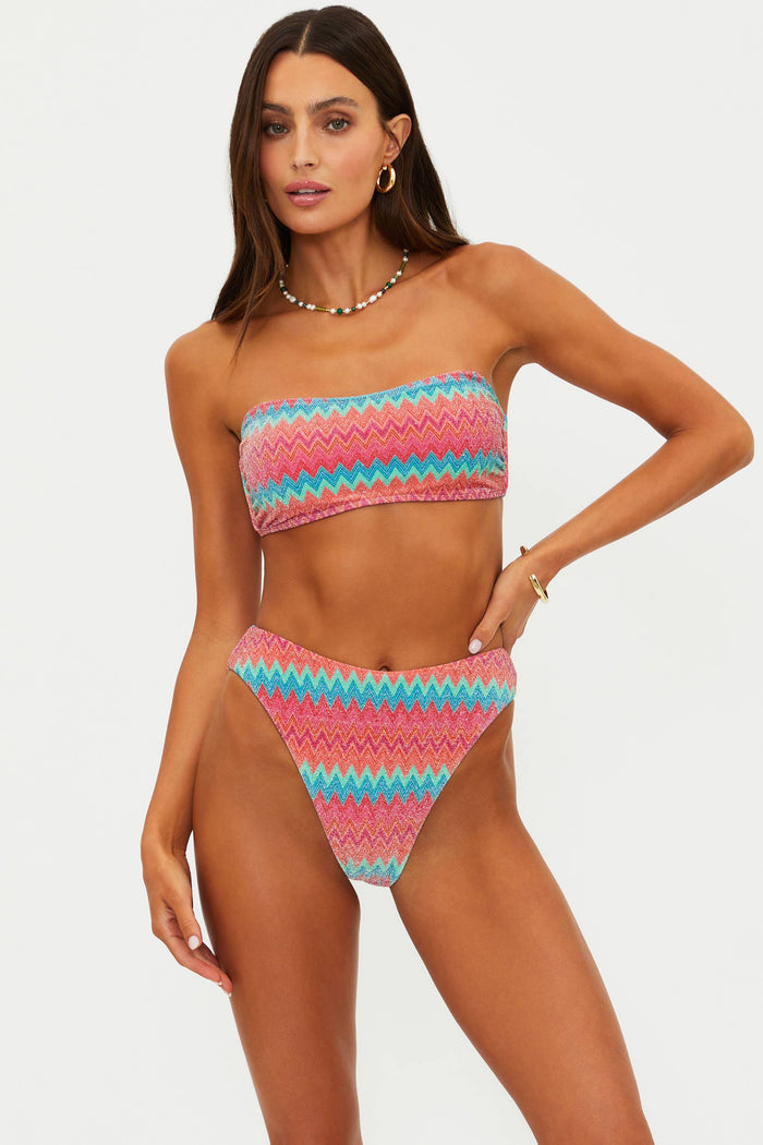 High cut swim bottoms with a blue, orange, pink chevron colorway with shimmer.