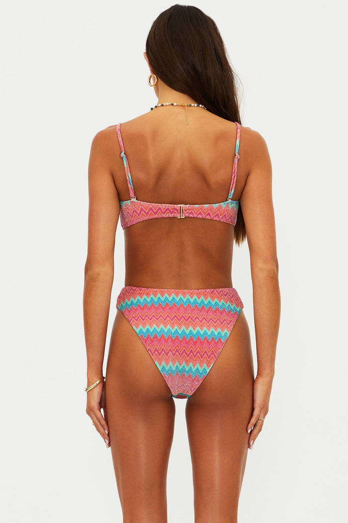 High cut swim bottoms with a blue, orange, pink chevron colorway with shimmer.
