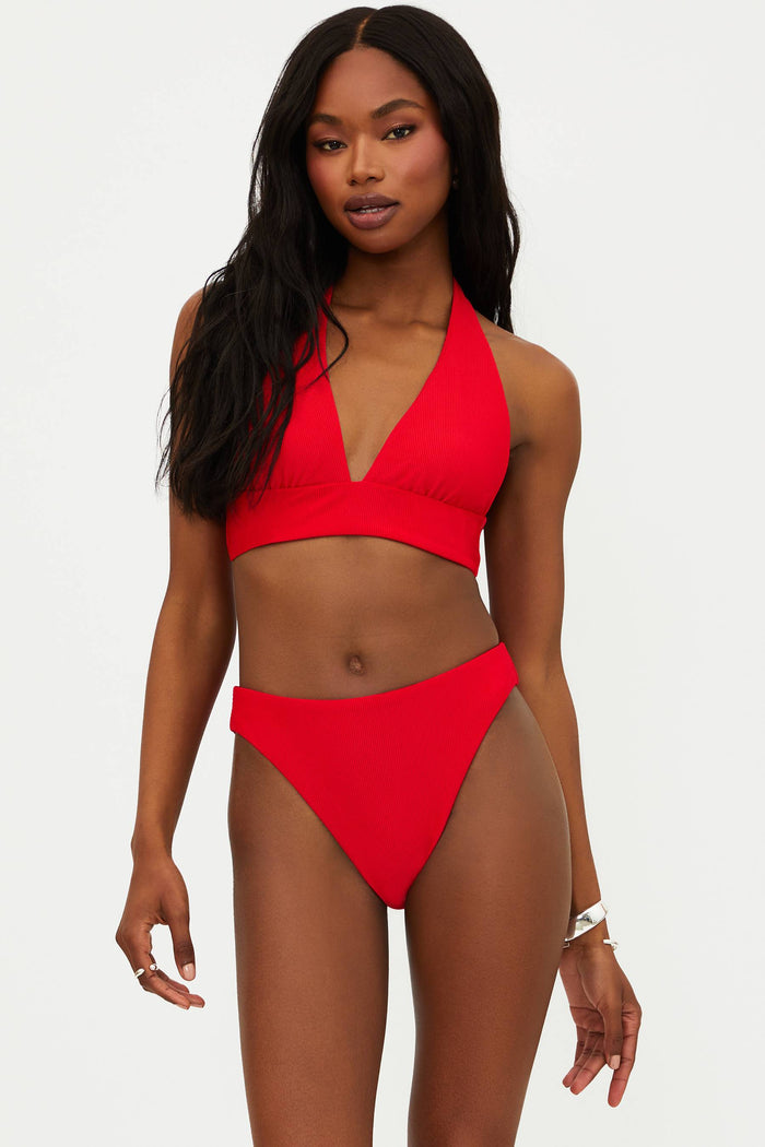 red ribbed halter neck swim suit