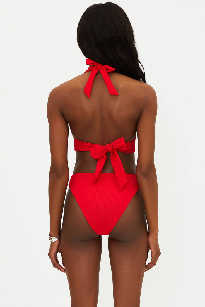 red ribbed halter neck swim suit