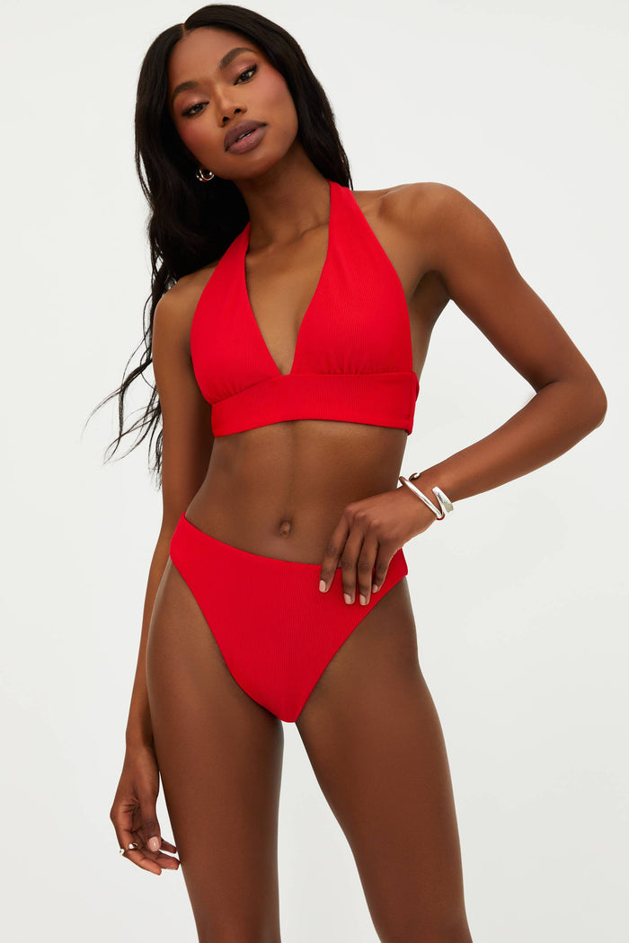 red ribbed halter neck swim suit