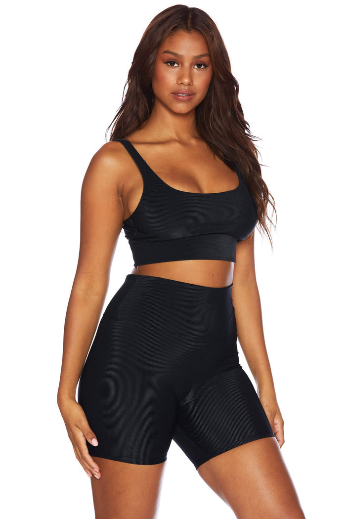 black ribbed sports bra with matching leggings
