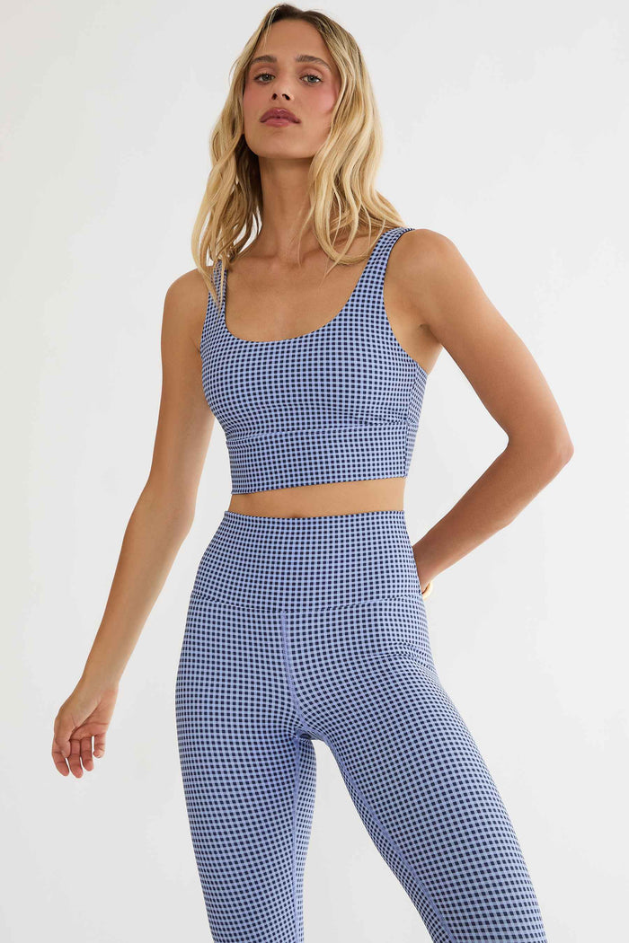 Workout long bra with blue gingham.