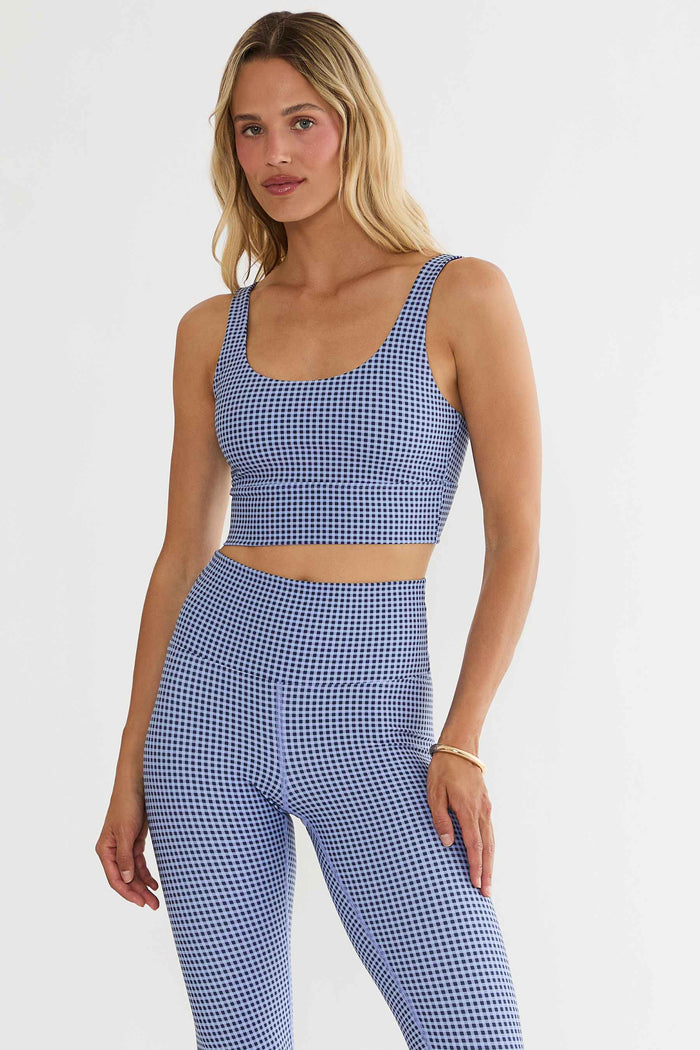Workout long bra with blue gingham.