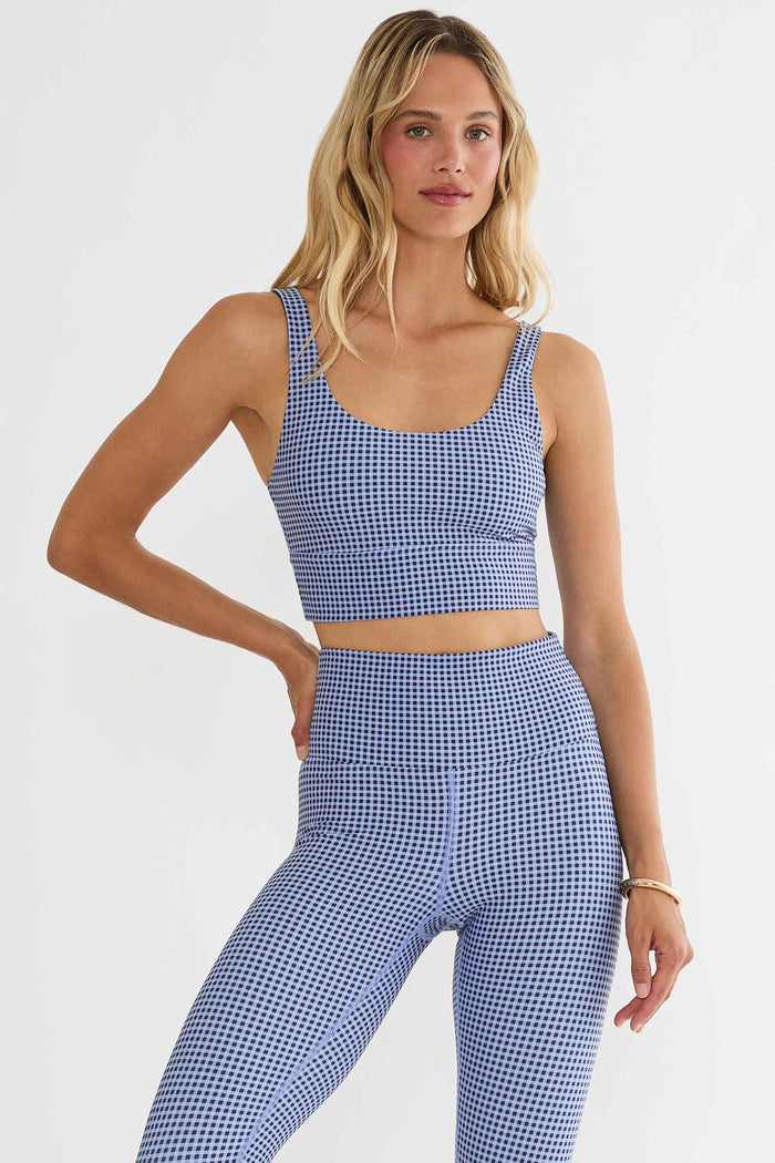 Workout long bra with blue gingham.