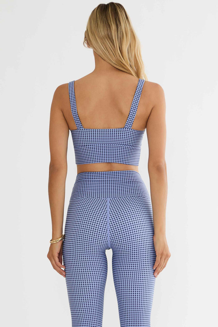 Workout long bra with blue gingham.