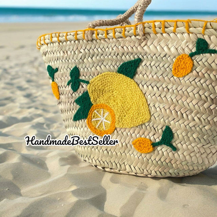 HandmadeBestSeller HandmadeBestSeller - Handwoven Straw Beach Bag with Lemon Motif, Short Handle
