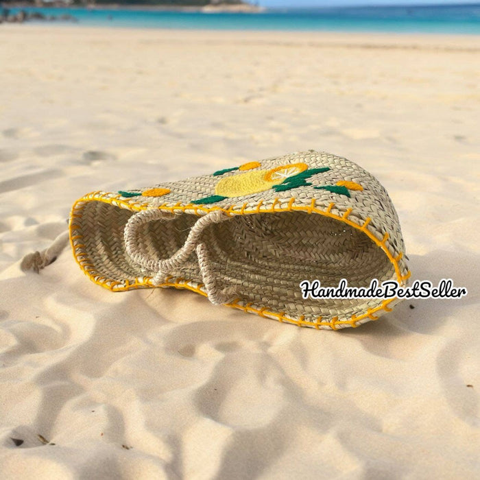 HandmadeBestSeller HandmadeBestSeller - Handwoven Straw Beach Bag with Lemon Motif, Short Handle